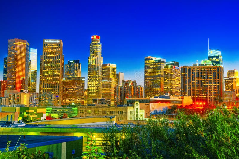 View of the Downtown of LA in the evening, night time stock photography View of the Downtown of LA in the evening, night time stock photography