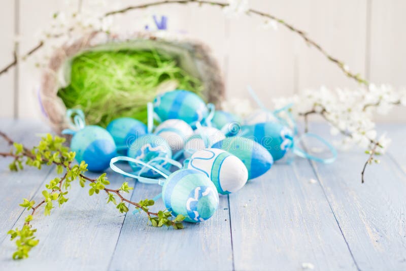 View Easter eggs spring branches royalty free stock photo