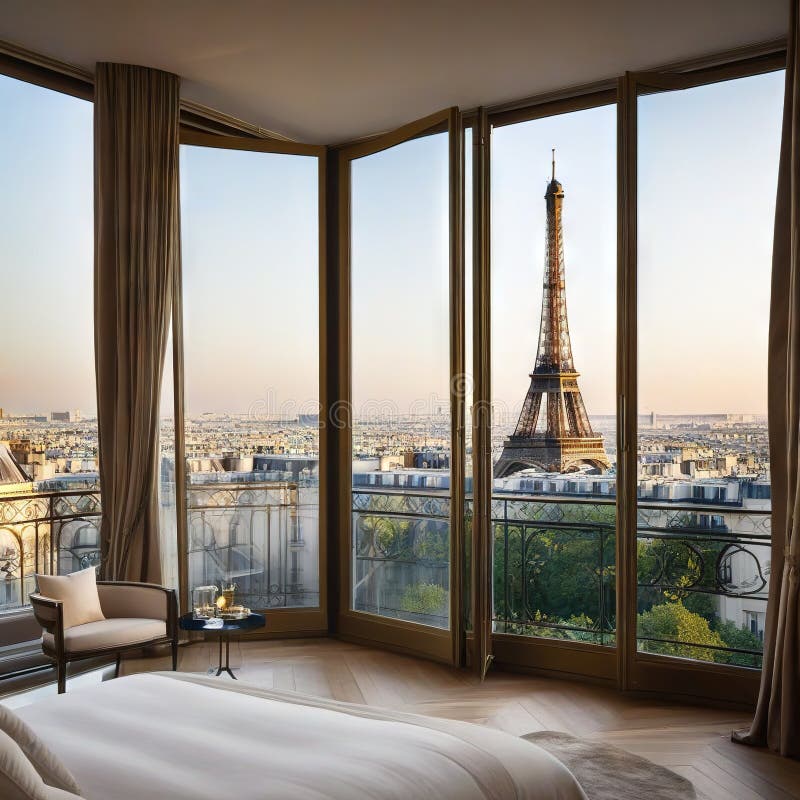 View of Eiffel Tower from a luxury apartment stock illustration