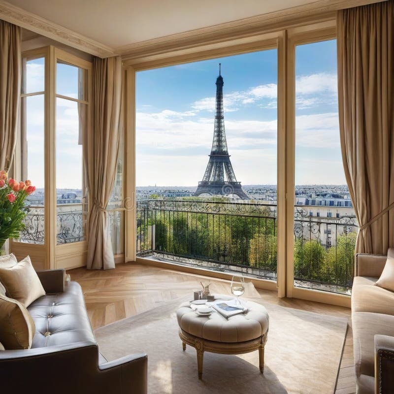 View of Eiffel Tower from a luxury apartment stock illustration