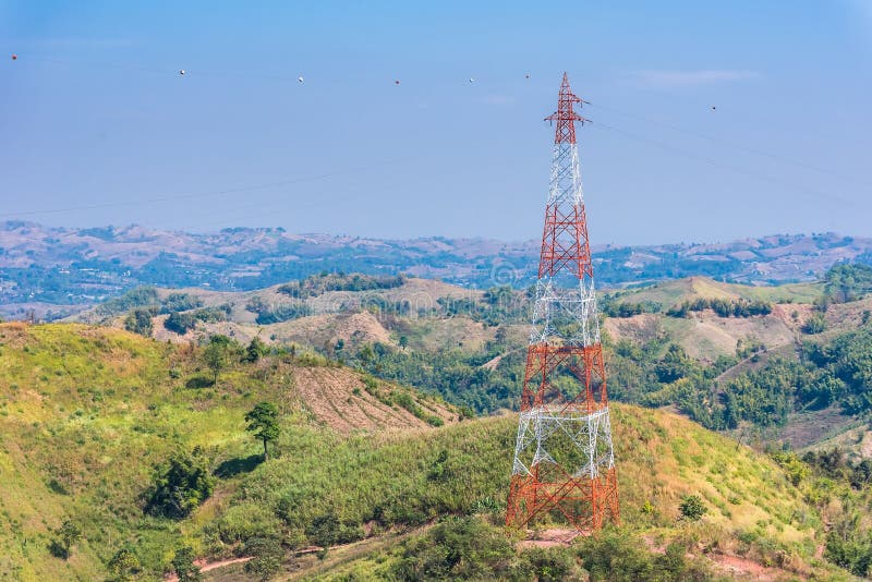 View of electricity pylon against a clear blue sky royalty free stock image View of electricity pylon against a clear blue sky royalty free stock image