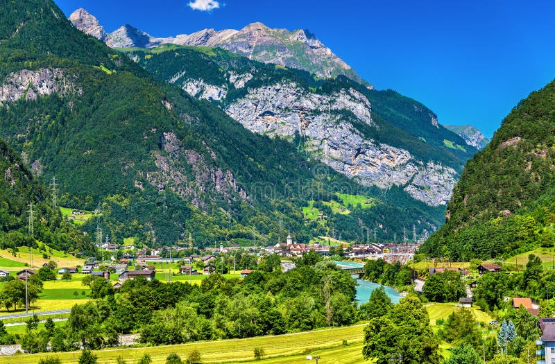 View of Erstfeld, a village in Swiss Alps royalty free stock photos View of Erstfeld, a village in Swiss Alps royalty free stock photos