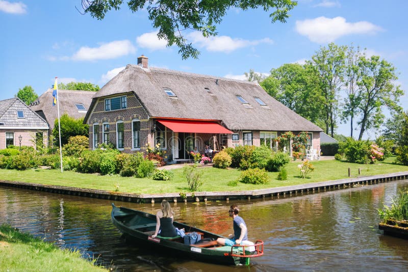 View of Famous Giethoorn Village with Canals in the Province of ...