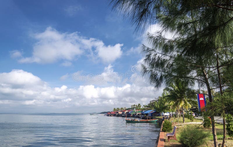View of famous kep crab market restaurants on cambodia coast