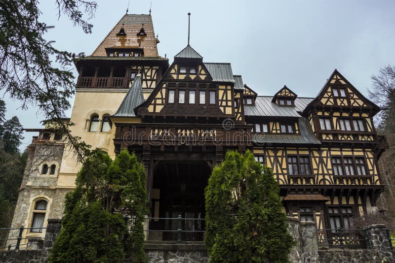 View of famous Pelisor castle. SINAIA, ROMANIA - NOVEMBER 6, 2018. View of famous Pelisor castle situated next to the Peles castle , Sinaia City, Prahova Valley stock photography View of famous Pelisor castle. SINAIA, ROMANIA - NOVEMBER 6, 2018. View of famous Pelisor castle situated next to the Peles castle , Sinaia City, Prahova Valley stock photography
