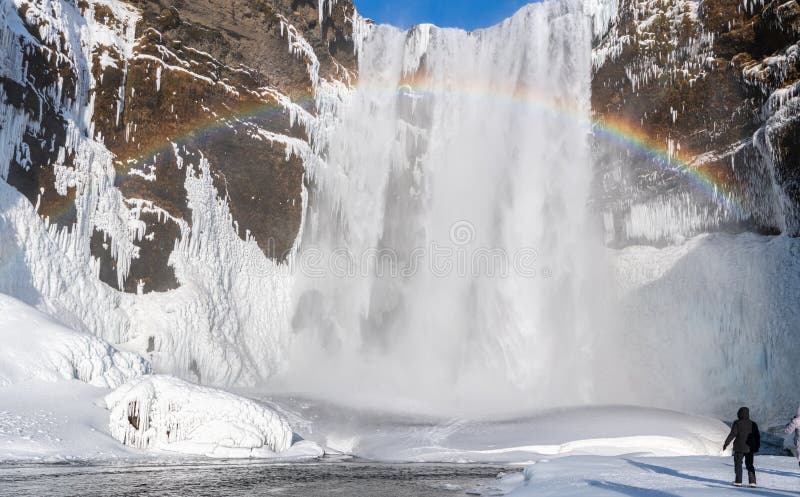 View of the famous Skógafoss ( Skogafoss) waterfall during winter in the south of Iceland near Skogar town