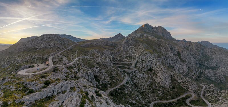 view of the famous snake road leading from the Coll de Reis mountain pass to Sa Calobra in the rugged landscape of northern