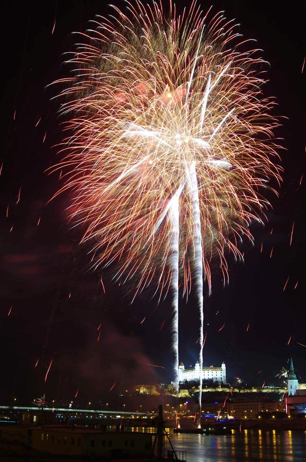 View with fireworks on the Danube river