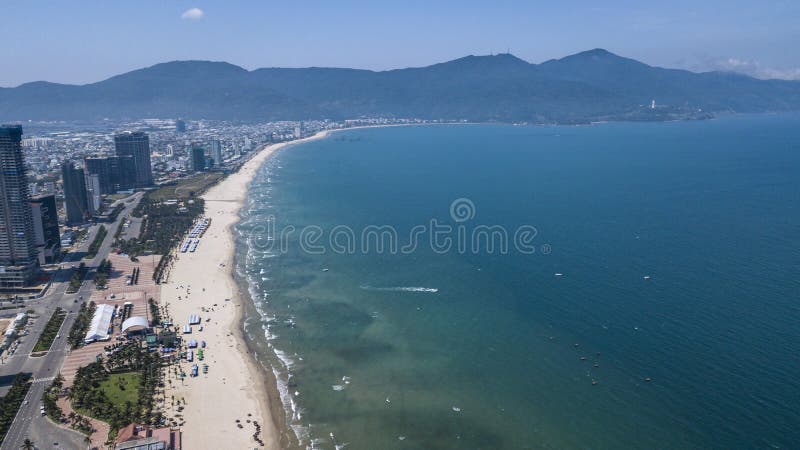 View of the Coastline of Da Nang in Vietnam Against the Backdrop of the Mountains Stock Image - of coast, travel: 183870089