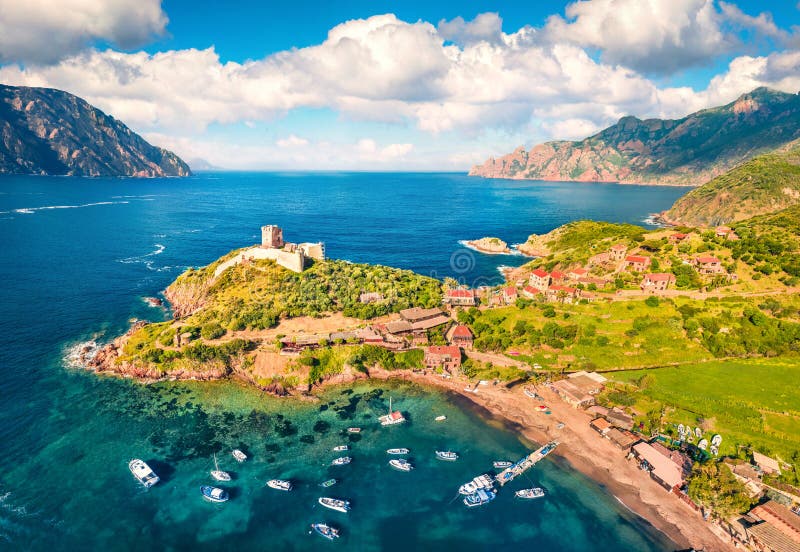 View from flying drone. Amazing morning view of Port de Girolata - place, where you can`t get by car. Gorgeous summer scene of Co