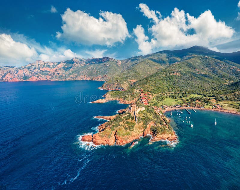 View from flying drone. Majestic morning view of Port de Girolata - place, where you can`t get by car. Gorgeous spring scene of C