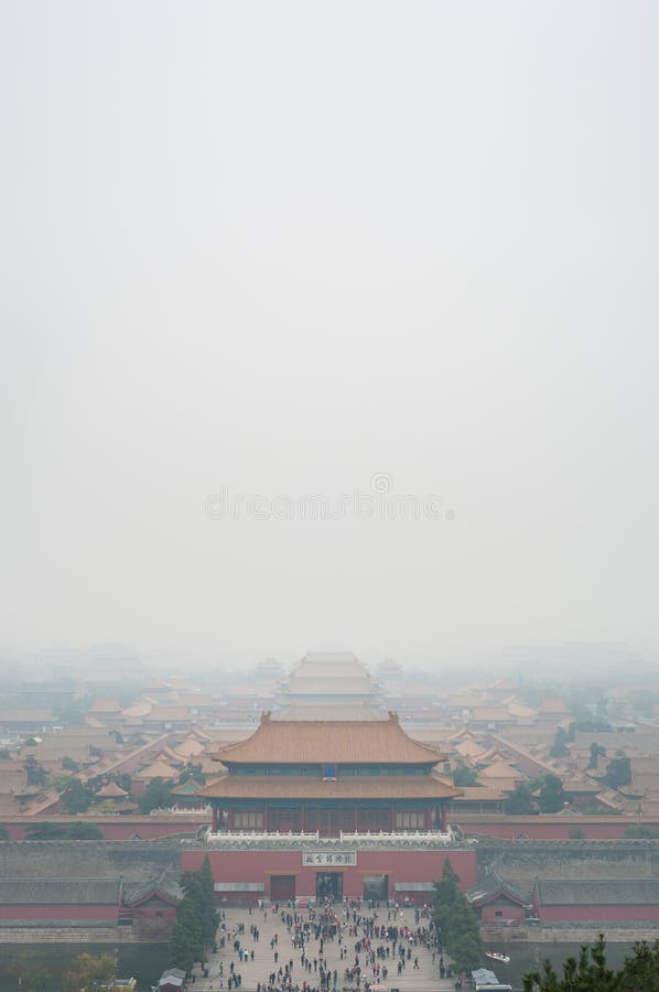 View of the Forbidden City through the air pollution, Beijing. Taken from the top of the hill in Jingshan Park. stock images View of the Forbidden City through the air pollution, Beijing. Taken from the top of the hill in Jingshan Park. stock images