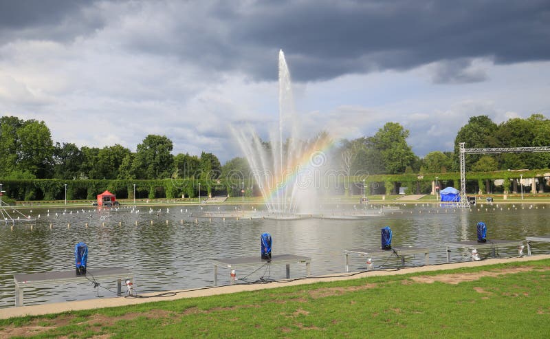 View of the fountain in Wroclaw, Centennial Hall, public garden, Poland