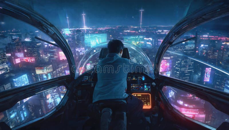 View of futuristic city from pilot cockpit at night with neon lights stock images