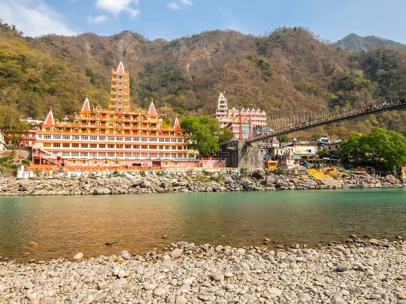 View of Ganga river embankment and Tera Manzil Temple, Trimbakeshwar in Rishikesh