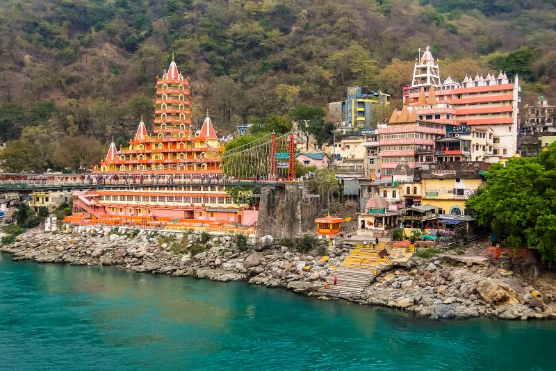 View of Ganga river embankment and Tera Manzil Temple, Trimbakeshwar in Rishikesh