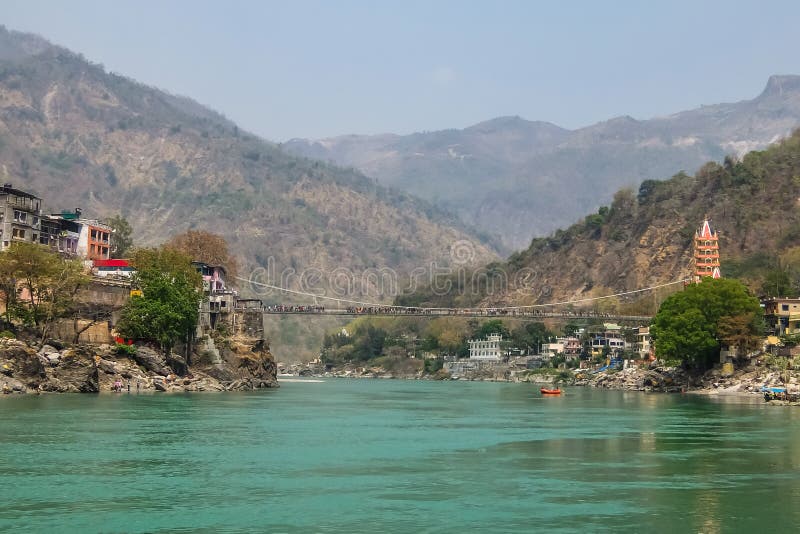 View of Ganga river embankment and Tera Manzil Temple, Trimbakeshwar in Rishikesh
