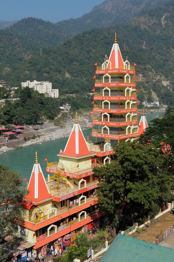 View of Ganga river embankment and Tera Manzil Temple, Trimbakeshwar in Rishikesh