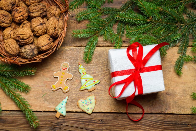 View of gift and gingerbread cookies for Christmas stock photos