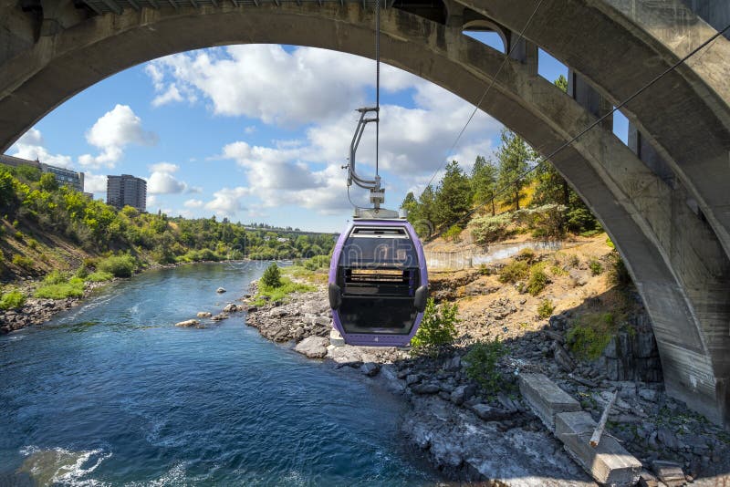 View from a gondola on a cable above the Spokane River at Riverfront Park, Spokane Washington, USA royalty free stock photos View from a gondola on a cable above the Spokane River at Riverfront Park, Spokane Washington, USA royalty free stock photos
