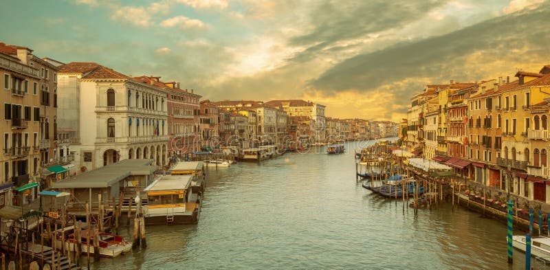 View of the Grand Canal from Rialto Bridge at sunset, Venice