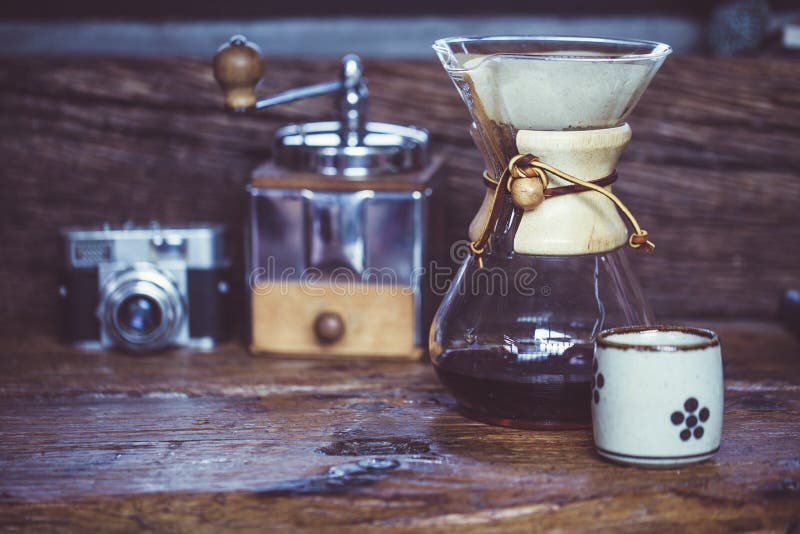 View of Ground Coffee Pouring Water on Coffee Ground with Filter Stock