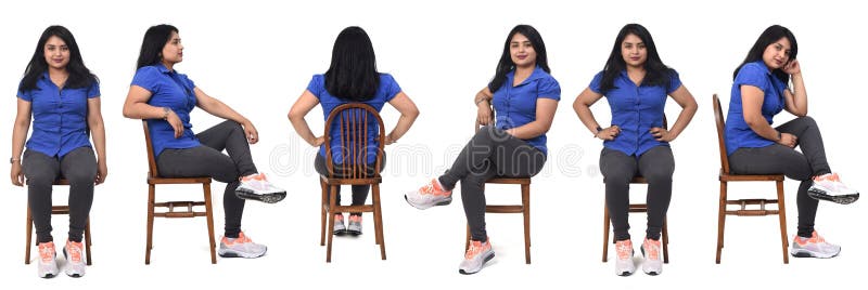 View of group of same woman of back, front and side with jeans, shirt and snickers on white background. View of group of same woman of back, front and side with jeans, shirt and snickers on white background