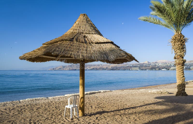 View on the gulf of Aqaba from sandy beach of Eilat