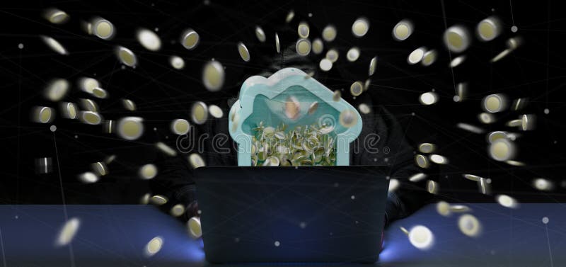 Hacker Man holding a House moneybox with coin surrounding all over 3d rendering royalty free illustration