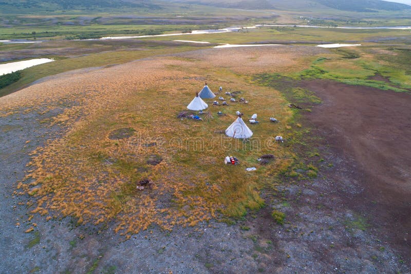 View from height on a settlement of nomads reindeer breeders in the valley of the Longotjyogan River aerial photograph. Yamal stock photo View from height on a settlement of nomads reindeer breeders in the valley of the Longotjyogan River aerial photograph. Yamal stock photo