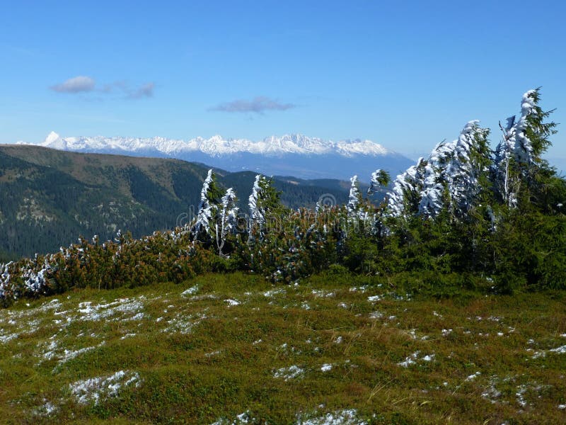 View of the High Tatras with snow-capped peaks, Low Tatras National park, Slovakia