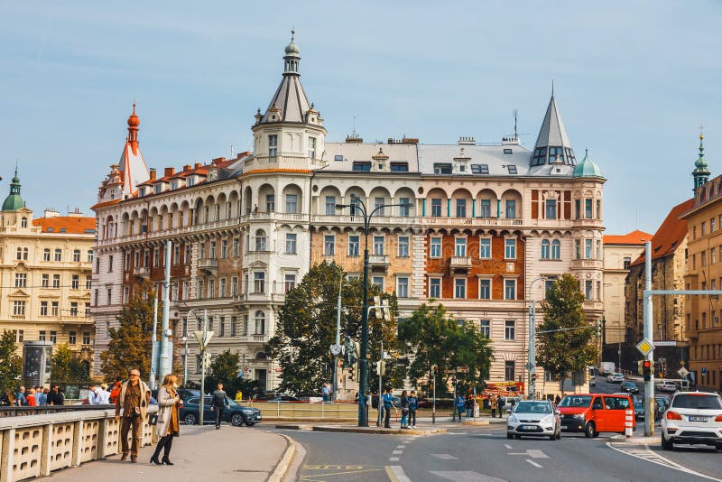 View of historical center of Prague with beautiful historical tenements stock photo View of historical center of Prague with beautiful historical tenements stock photo