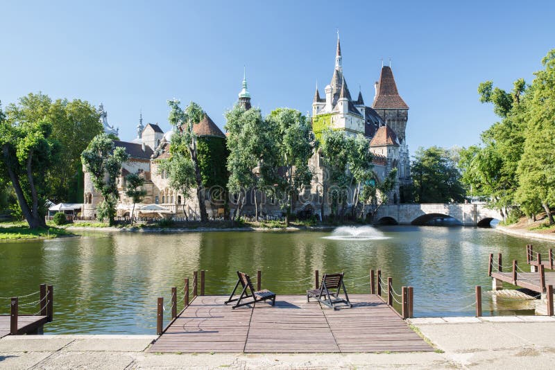 View of the Historical Vajdahunyad Castle with lake in City Park