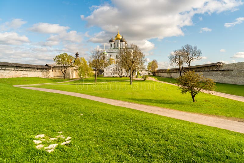 View of Holy Trinity Cathedral in the Pskov Krom or Pskov Kremlin in the central part of the city, Russia. View of Holy Trinity Cathedral in the Pskov Krom or Pskov Kremlin in the central part of the city, Russia