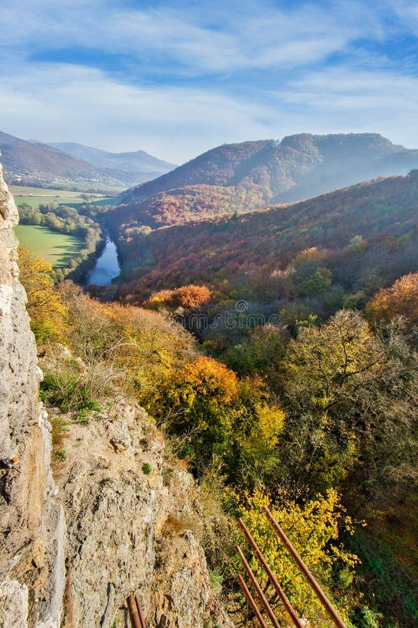 View from hrad Sasov castle ruins towards Hron river during autumn