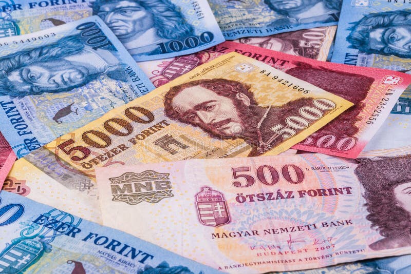 Hungarian Currency Forint, Closeup. In The Background Banknotes Of
