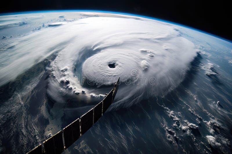 View of Hurricane, with the Eye in View and Clouds Swirling Around it