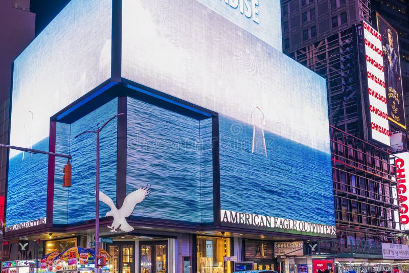 View of illuminated digital billboard in Times Square displaying American Eagle Outfitters advertisement. royalty free stock photos