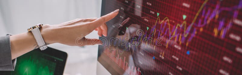 View of information security analyst pointing with finger on charts on computer monitor, panoramic shot royalty free stock photo