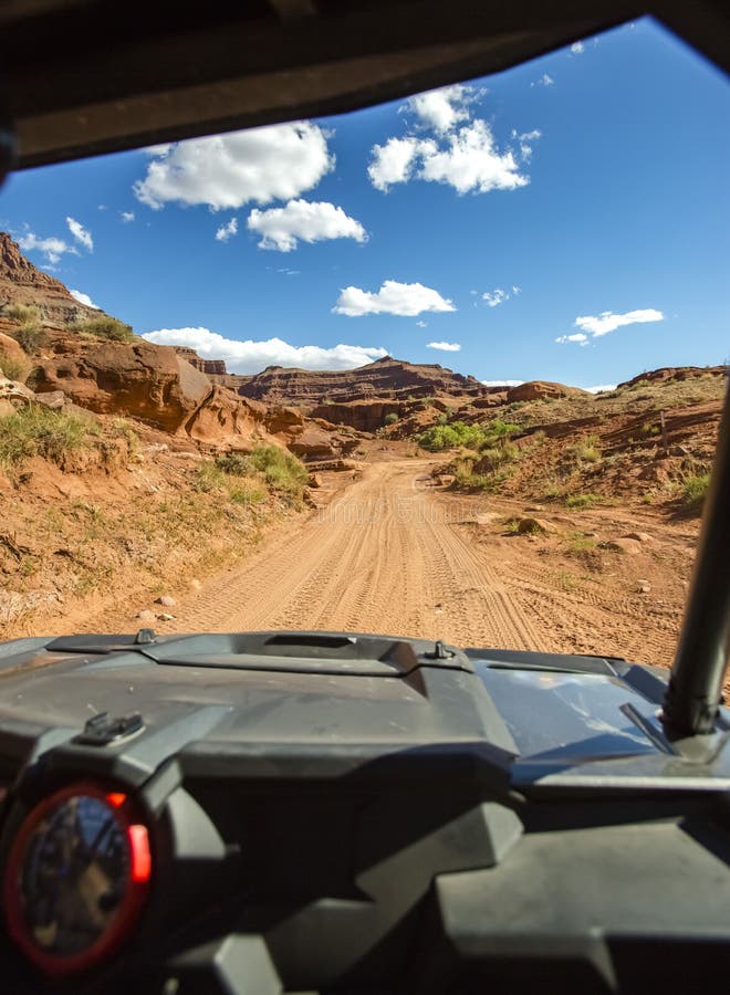 View from the inside of the off road vehicle White Rim Road Utah trails straight ahead