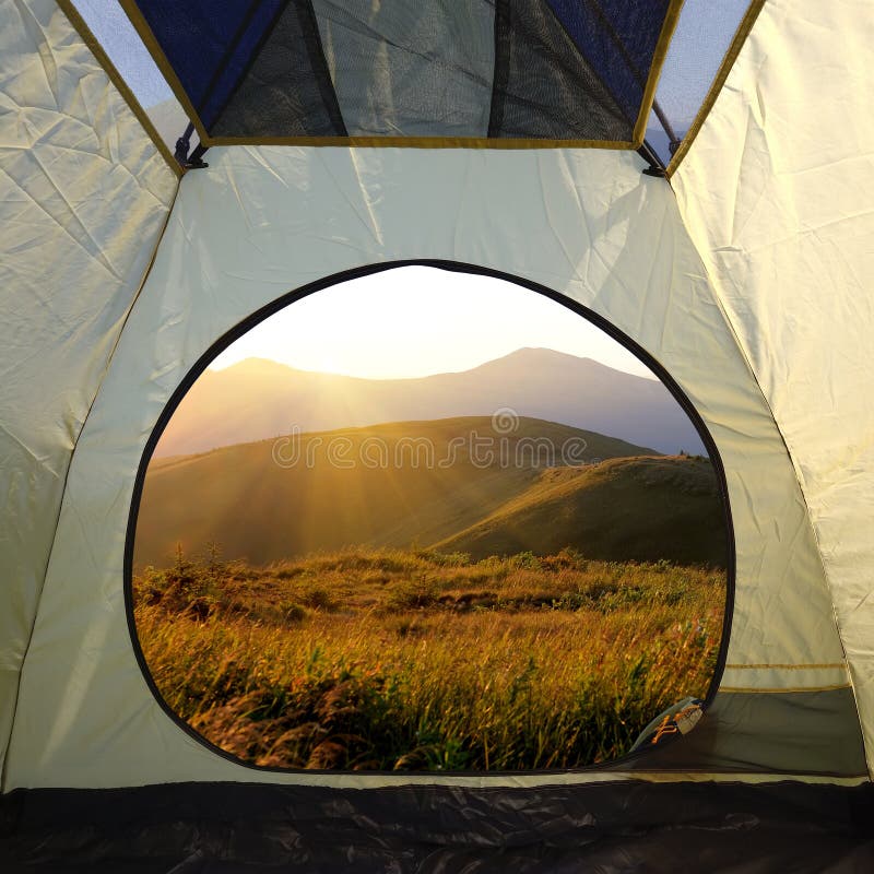 View from Inside a Tent on Mountains Landscape Stock Photo - Image of ...