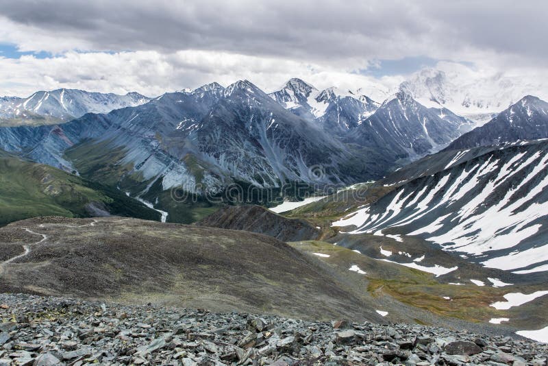 View from Karaturek mountain pass to Beluha mountain in cloudy weather