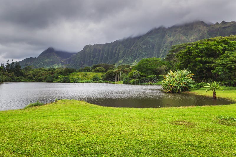 View Of Lake And Mountains In Hoomaluhia Botanical Garden Oahu