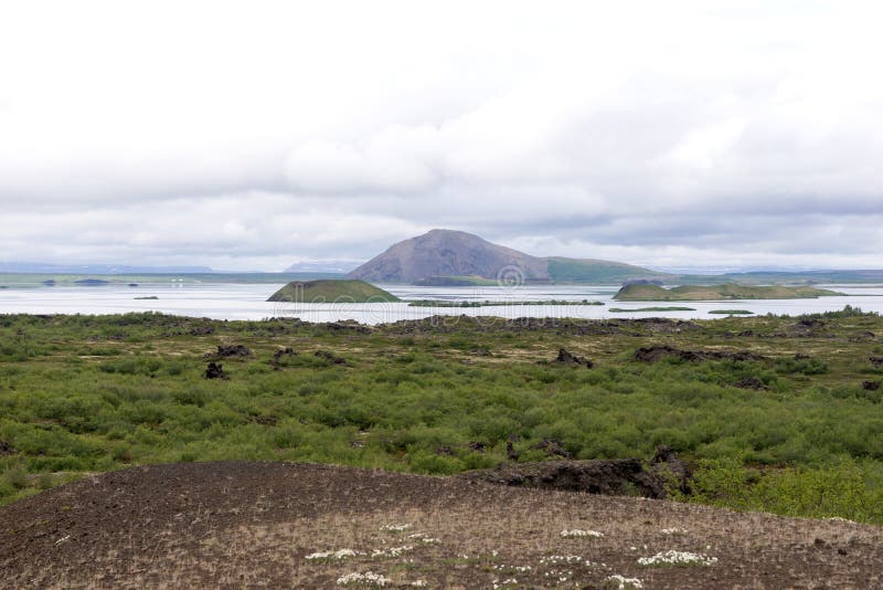 View of Lake Myvatn with various volcanic rock formations