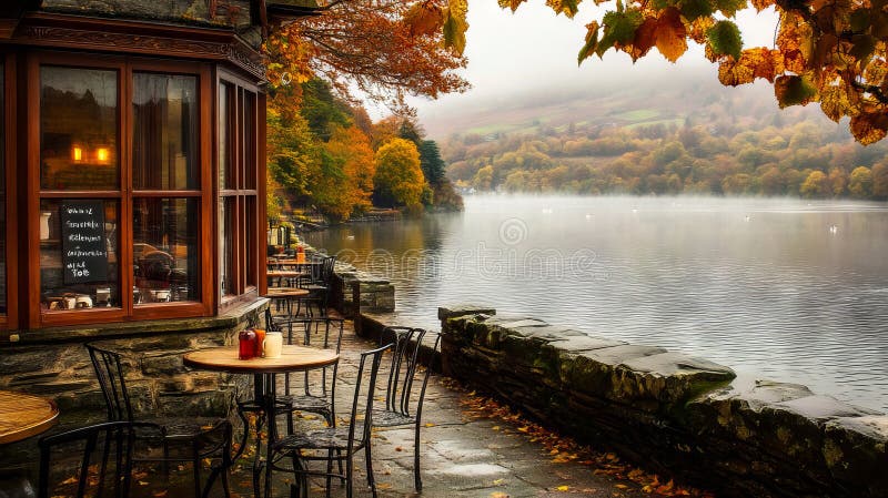 O vedere spre un lac cu mese și scaune în apropierea unei clădiri stock image