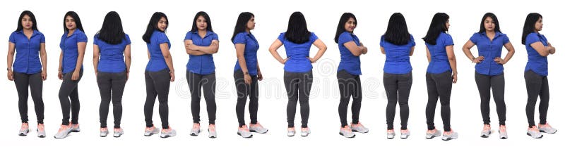 View of large group of same woman of back, front and side with casual clothes on white background. View of large group of same woman of back, front and side with casual clothes on white background