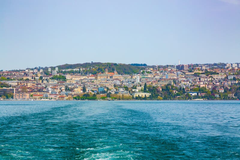 View of Lausanne city taken from Geneva Lake stock image View of Lausanne city taken from Geneva Lake stock image