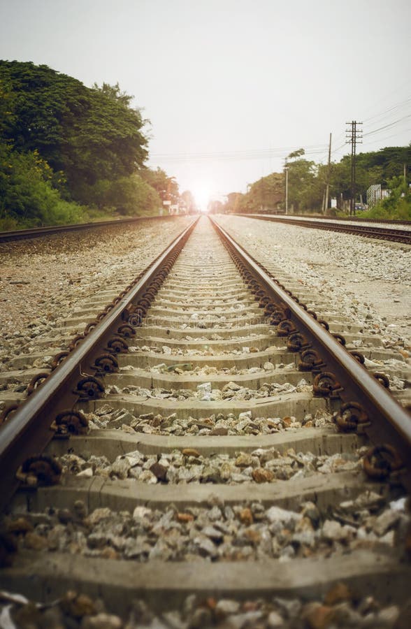 View of the length of railway with green tree at left and right side of railway,filtered image, light effect and flare added royalty free stock images View of the length of railway with green tree at left and right side of railway,filtered image, light effect and flare added royalty free stock images