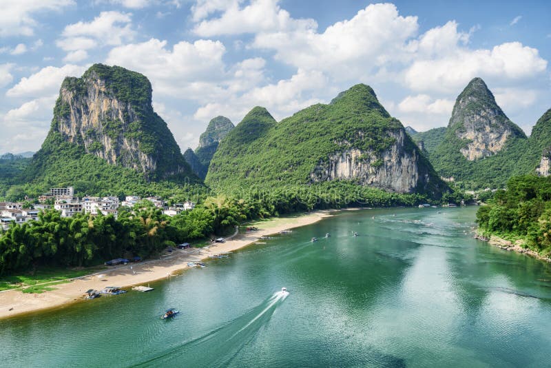 View of the Li River (Lijiang River) with azure water royalty free stock photo View of the Li River (Lijiang River) with azure water royalty free stock photo
