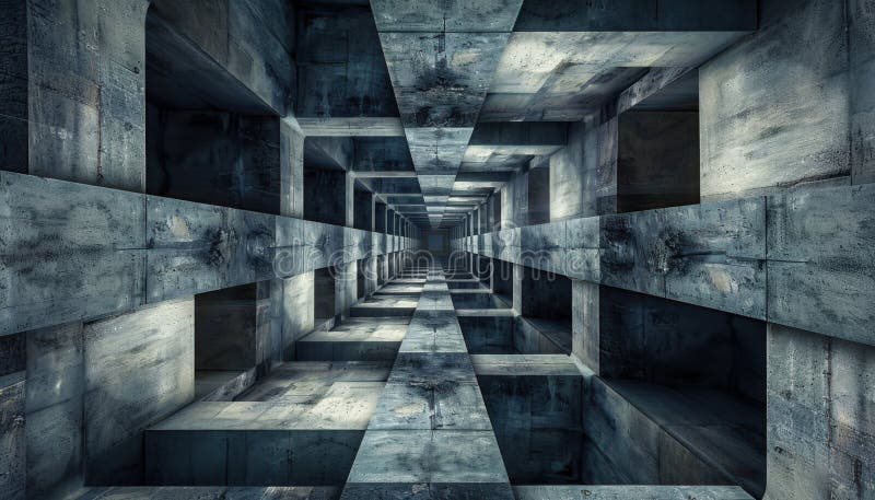 Caută printr-un tunel de beton cu tipare geometrice și iluminează umbrele stock image